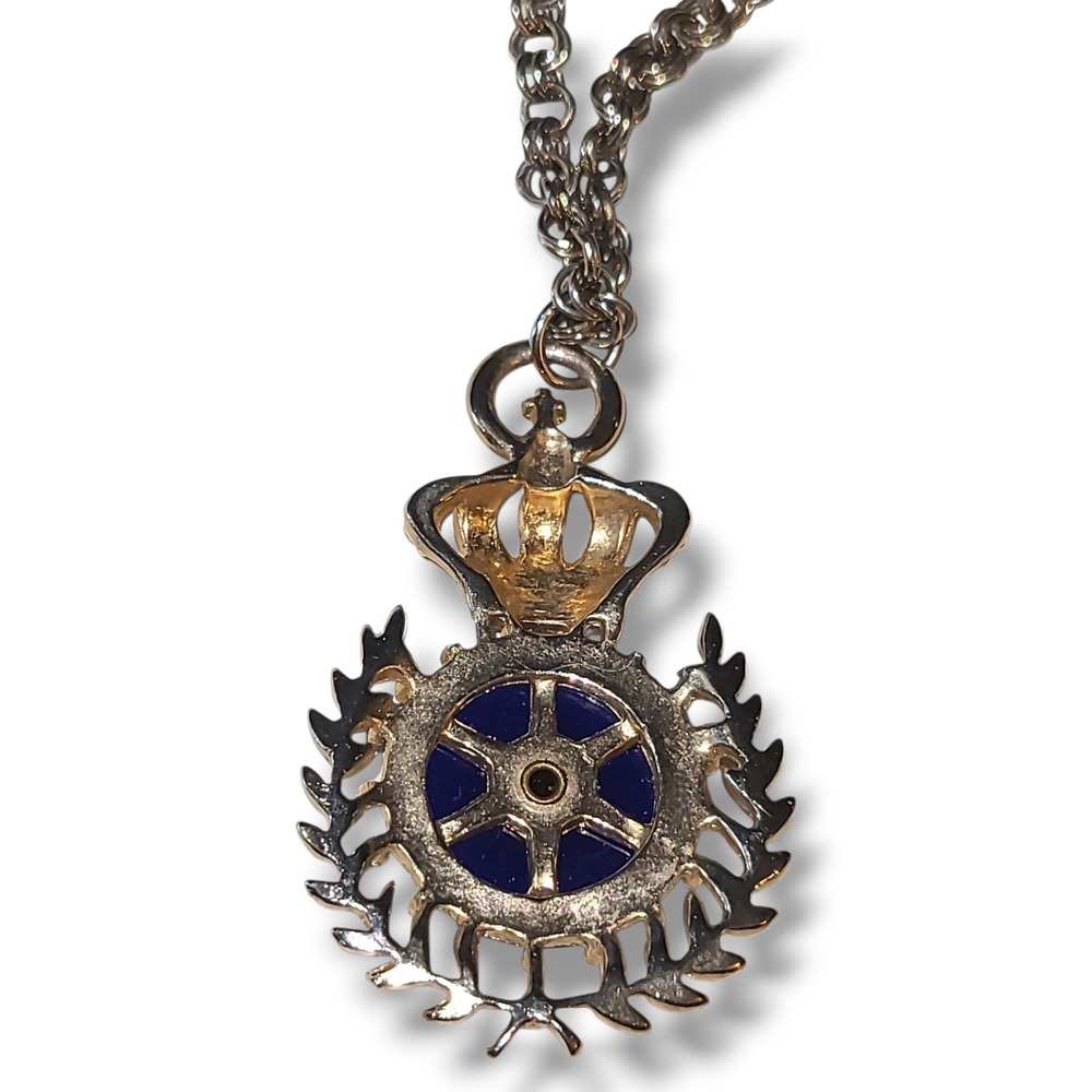 Vintage Crown Crest Blue Cabochon Rhinestone Gold Tone Pendant Necklace 15" - Picture 4 of 5